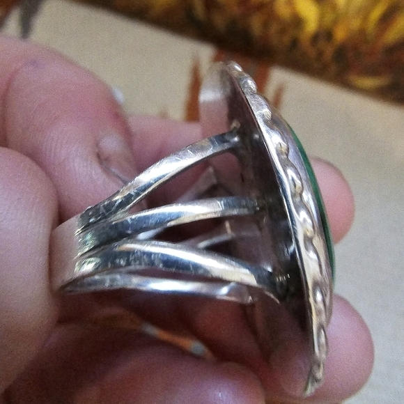 Vintage Sterling Silver Malachite Stone Statement Ring Oval Round - Picture 9 of 10